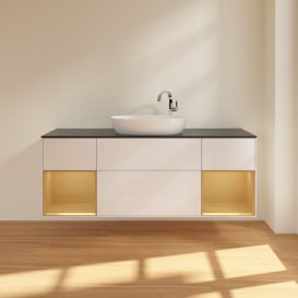 Тумба под раковину Villeroy & Boch Finion 160х50,1 см с подсветкой МДФ глянцевый белый лак/стекло черное матовое F982HFGF