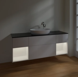 Тумба під раковину Villeroy & Boch Finion 160х50,1 см з підсвічуванням МДФ білий глянцевий лак/скло чорне матове F982MTGF