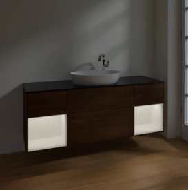 Тумба під раковину Villeroy & Boch Finion 160х50,1 см із підсвічуванням МДФ шпон волоського горіха/скло чорне матове F982MTGN