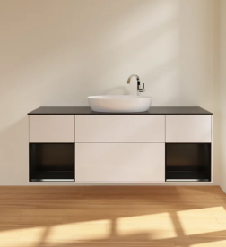 Тумба под раковину Villeroy & Boch Finion 160х50,1 см с подсветкой МДФ глянцевый белый лак/стекло черное матовое F982PDGF