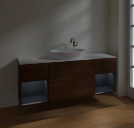 Тумба под раковину Villeroy & Boch Finion 160х50,1 см с подсветкой МДФ шпон грецкого ореха/стекло белое матовое F981HGGN