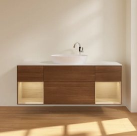 Тумба під раковину Villeroy & Boch Finion 160х50,1 см із підсвічуванням МДФ шпон волоського горіха/скло біле матове F981PCGN