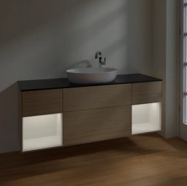 Тумба под раковину Villeroy & Boch Finion 160х50,1 см с подсветкой МДФ шпон дуба/стекло черное матовое F982GFPC