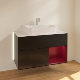 Тумба під раковину Villeroy & Boch Finion 100х50,1 см з підсвічуванням МДФ чорний матовий лак/піон матовий/скло біле матове G121HBPD