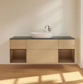 Тумба под раковину Villeroy & Boch Finion 160х50,1 см с подсветкой МДФ шпон дуба/стекло черное матовое F982GNPC