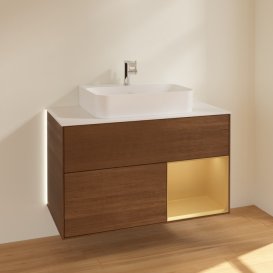 Тумба під раковину Villeroy & Boch Finion 100х50,1 см з підсвічуванням МДФ шпон волоського горіха/золотисто-матовий/скло біле матове G121HFGN