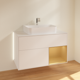 Тумба під раковину Villeroy & Boch Finion 100х50,1 см з підсвічуванням МДФ білий матовий лак/золотисто-матовий лак/скло біле матове G121HFMT