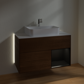 Тумба під раковину Villeroy & Boch Finion 100х50,1 см з підсвічуванням МДФ шпон волоського горіха/чорний матовий лак/скло біле матове G121PDGN