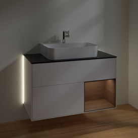 Тумба под раковину Villeroy & Boch Finion 100х50,1 см с подсветкой МДФ белый матовый лак/шпон грецкого ореха/стекло черное матовое G122GNMT