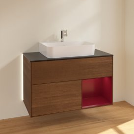 Тумба под раковину Villeroy & Boch Finion 100х50,1 см с подсветкой МДФ шпон грецкого ореха/пион матовый лак/стекло черное матовое G122HBGN