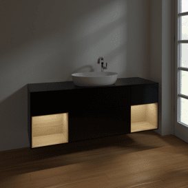 Тумба під раковину Villeroy & Boch Finion 160х50,1 см із підсвічуванням МДФ чорний матовий лак/скло чорне матове F982PCPD