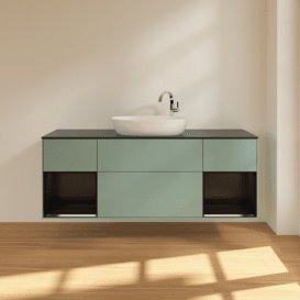 Тумба під раковину Villeroy & Boch Finion 160х50,1 см із підсвічуванням МДФ оливковий матовий лак/скло чорне матове F982PDGM