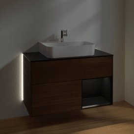 Тумба под раковину Villeroy & Boch Finion 100х50,1 см с подсветкой МДФ шпон грецкого ореха/черный матовый лак/стекло черное матовое G122PDGN