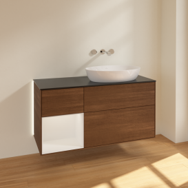 Тумба під раковину Villeroy & Boch Finion 120х50,1 см з підсвічуванням МДФ шпон волоського горіха/скло чорне матове GA42GFGN