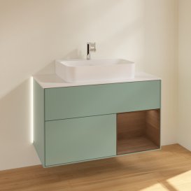 Тумба під раковину Villeroy & Boch Finion 100х50,1 см з підсвічуванням МДФ оливковий матовий лак/шпон волоського горіха/скло біле матове G121GNGM