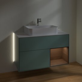 Тумба під раковину Villeroy & Boch Finion 100х50,1 см з підсвічуванням МДФ оливковий матовий лак/шпон волоського горіха/скло біле матове G121GNGM