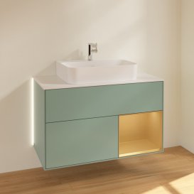 Тумба под раковину Villeroy & Boch Finion 100х50,1 см с подсветкой МДФ оливковый матовый лак/золотой матовый лак/стекло белое матовое G121HFGM