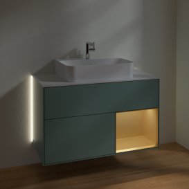 Тумба под раковину Villeroy & Boch Finion 100х50,1 см с подсветкой МДФ оливковый матовый лак/золотой матовый лак/стекло белое матовое G121HFGM