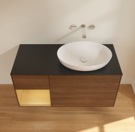 Тумба під раковину Villeroy & Boch Finion 120х50,1 см з підсвічуванням МДФ шпон волоського горіха/скло чорне матове GA42HFGN