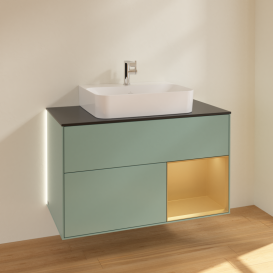 Тумба під раковину Villeroy & Boch Finion 100х50,1 см з підсвічуванням МДФ оливковий матовий лак/скло чорне матове G122HFGM