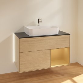 Тумба під раковину Villeroy & Boch Finion 100х50,1 см з підсвічуванням МДФ шпон дуба/скло чорне матове G122HFPC