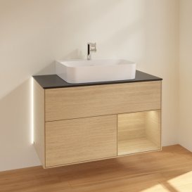 Тумба под раковину Villeroy & Boch Finion 100х50,1 см с подсветкой МДФ шпон дуба/стекло черное матовое G122PCPC