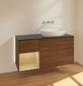 Тумба під раковину Villeroy & Boch Finion 120х50,1 см з підсвічуванням МДФ шпон волоського горіха/скло чорне матове GA42PCGN