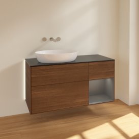 Тумба под раковину Villeroy & Boch Finion 120х50,1 см с подсветкой МДФ шпон грецкого ореха/стекло черное матовое GA52GKGN