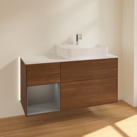 Тумба під раковину Villeroy & Boch Finion 120х50,1 см із підсвічуванням МДФ шпон волоського горіха/скло біле матове G141GKGN