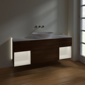 Тумба під раковину Villeroy & Boch Finion 160х50,1 см із підсвічуванням МДФ шпон волоського горіха/скло біле матове GD01MTGN