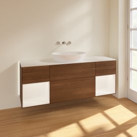 Тумба під раковину Villeroy & Boch Finion 160х50,1 см із підсвічуванням МДФ шпон волоського горіха/скло біле матове GD01MTGN