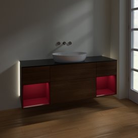 Тумба под раковину Villeroy & Boch Finion 160х50,1 см с подсветкой МДФ шпон грецкого ореха/стекло черное матовое GD02HBGN