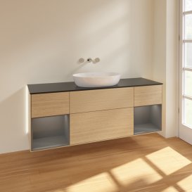 Тумба під раковину Villeroy & Boch Finion 160х50,1 см із підсвічуванням МДФ шпон дуба/скло чорне матове GD02GKPC