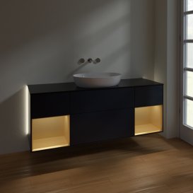 Тумба под раковину Villeroy & Boch Finion 160х50,1 см с подсветкой МДФ темно-синий матовый лак/стекло черное матовое GD02HFHG