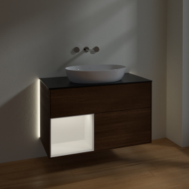 Тумба під раковину Villeroy & Boch Finion 100х50,1 см із підсвічуванням МДФ шпон волоського горіха/скло чорне матове GA12MTGN