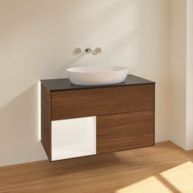 Тумба під раковину Villeroy & Boch Finion 100х50,1 см із підсвічуванням МДФ шпон волоського горіха/скло чорне матове GA12MTGN