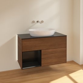 Тумба под раковину Villeroy & Boch Finion 100х50,1 см с подсветкой МДФ шпон грецкого ореха/стекло черное матовое GA12PDGN