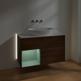 Тумба під раковину Villeroy & Boch Finion 100х50,1 см із підсвічуванням МДФ шпон волоського горіха/скло біле матове GA11GMGN