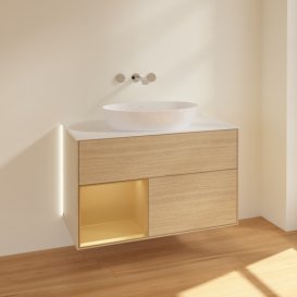 Тумба под раковину Villeroy & Boch Finion 100х50,1 см с подсветкой МДФ шпон дуба/стекло белое матовое GA11HFPC