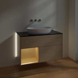 Тумба под раковину Villeroy & Boch Finion 100х50,1 см с подсветкой МДФ шпон дуба/стекло черное матовое GA12HFPC