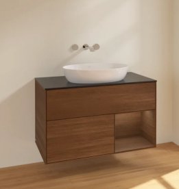 Тумба під раковину Villeroy & Boch Finion 100х50,1 см з підсвічуванням МДФ шпон волоського горіха/скло чорне матове FA22GNGN