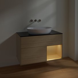 Тумба під раковину Villeroy & Boch Finion 100х50,1 см із підсвічуванням МДФ шпон дуба/скло чорне матове FA22HFPC