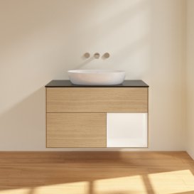 Тумба під раковину Villeroy & Boch Finion 100х50,1 см із підсвічуванням МДФ шпон дуба/скло чорне матове FA22MTPC