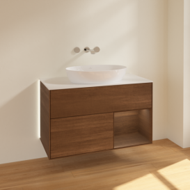 Тумба під раковину Villeroy & Boch Finion 100х50,1 см із підсвічуванням МДФ шпон волоського горіха/скло біле матове GA21GNGN