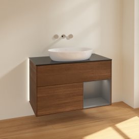 Тумба під раковину Villeroy & Boch Finion 100х50,1 см з підсвічуванням МДФ шпон волоського горіха/скло чорне матове GA22GKGN