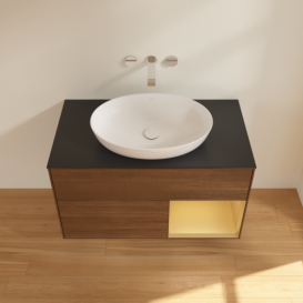 Тумба под раковину Villeroy & Boch Finion 100х50,1 см с подсветкой МДФ шпон грецкого ореха/стекло черное матовое GA22HFGN