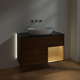 Тумба под раковину Villeroy & Boch Finion 100х50,1 см с подсветкой МДФ шпон грецкого ореха/стекло черное матовое GA22HFGN