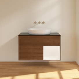 Тумба под раковину Villeroy & Boch Finion 100х50,1 см с подсветкой МДФ шпон грецкого ореха/стекло черное матовое GA22MTGN