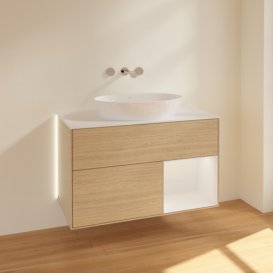 Тумба під раковину Villeroy & Boch Finion 100х50,1 см із підсвічуванням МДФ шпон дуба/скло біле матове GA21GFPC