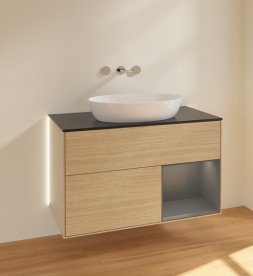 Тумба під раковину Villeroy & Boch Finion 100х50,1 см із підсвічуванням МДФ шпон дуба/скло чорне матове GA22GKPC